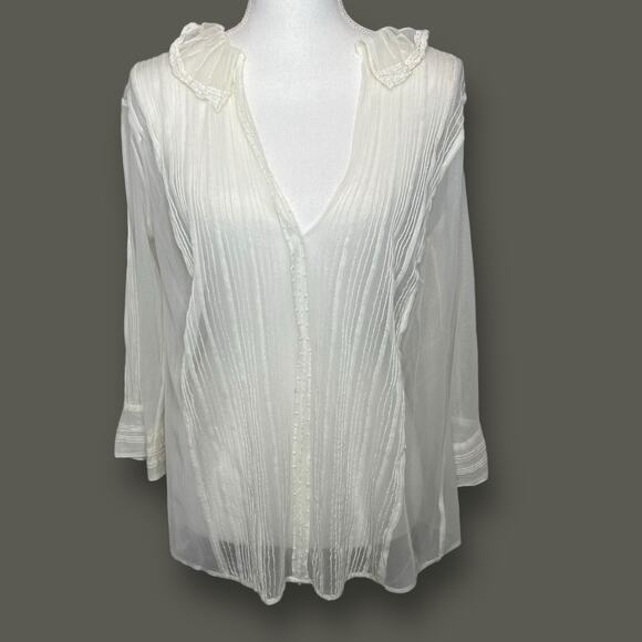 Anthropologie Meadow Rue Size 10 Off White Sheer V-Neck Gauze Victorian Blouse - Picture 1 of 9